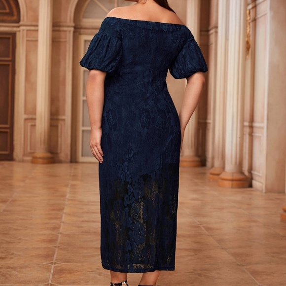 Plus Off Shoulder Floral Puff Sleeve Evening Wedding Dress - Picture 6 of 7